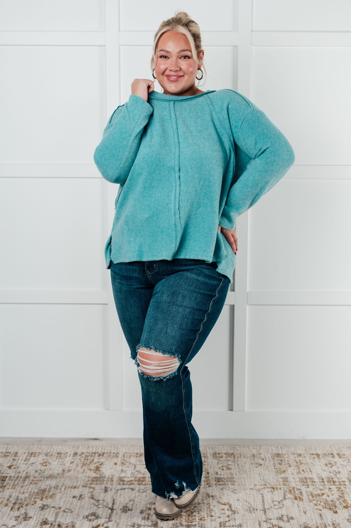 Zenana Simple Silhouette Brushed Hacci Sweater in Dusty Teal