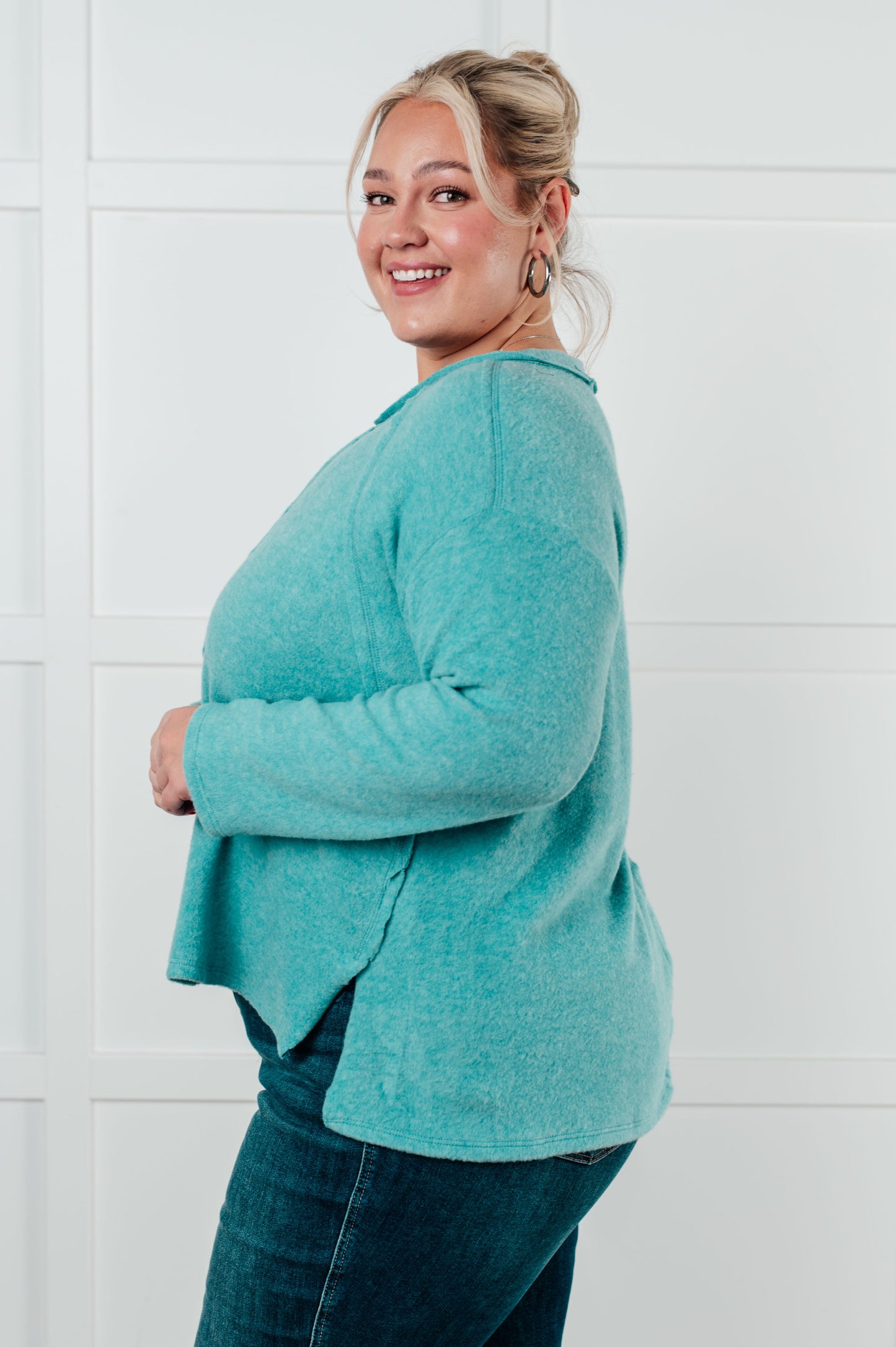 Zenana Simple Silhouette Brushed Hacci Sweater in Dusty Teal