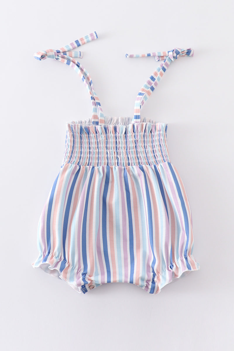 Blue stripe smocked strap girl bubble