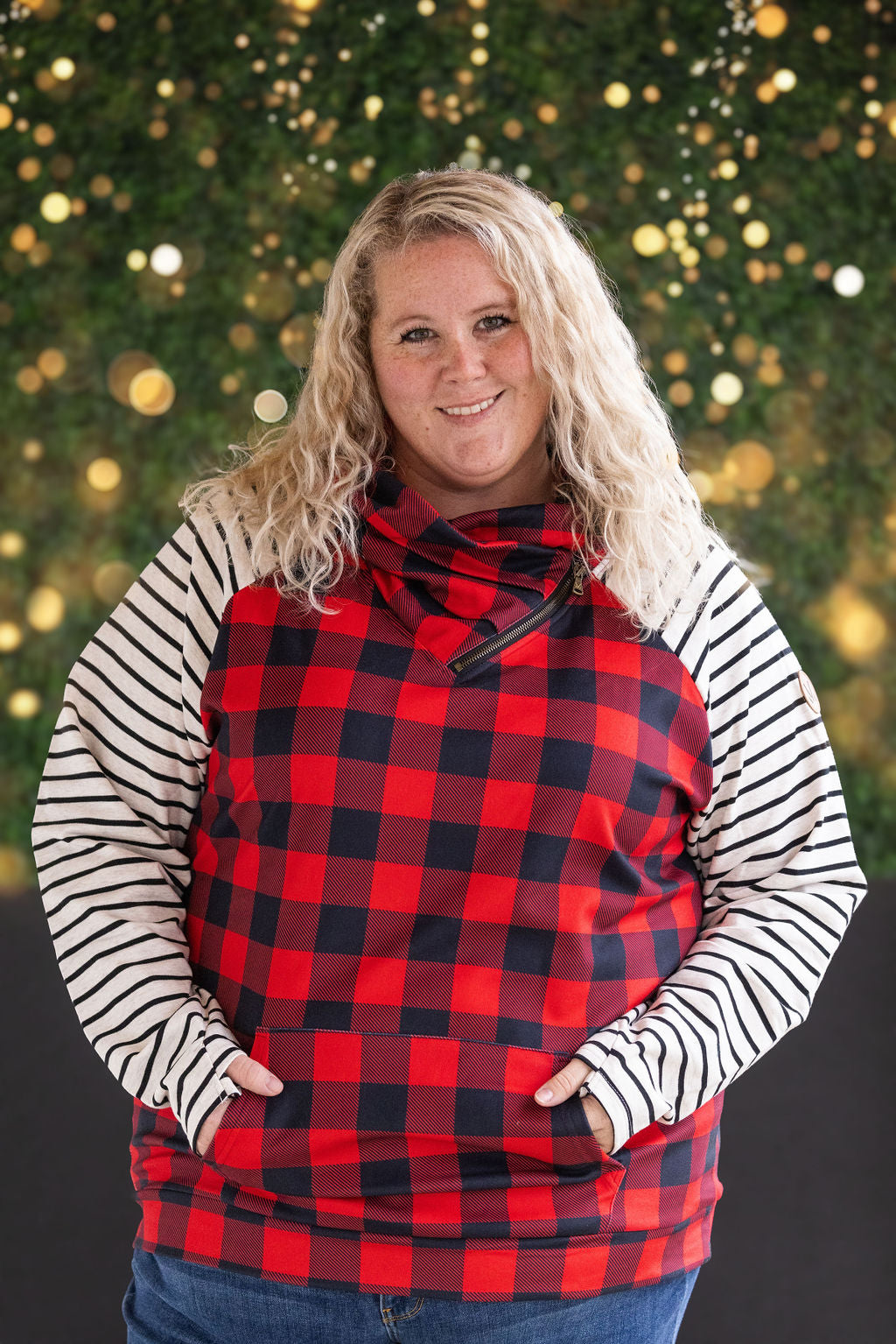 Michelle Mae Zoey ZipCowl - Buffalo Plaid and Oatmeal Stripes