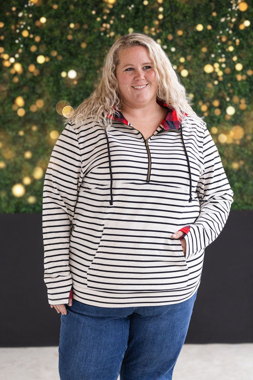 Michelle Mae HalfZip Hoodie - Oatmeal Stripes and Buffalo Plaid