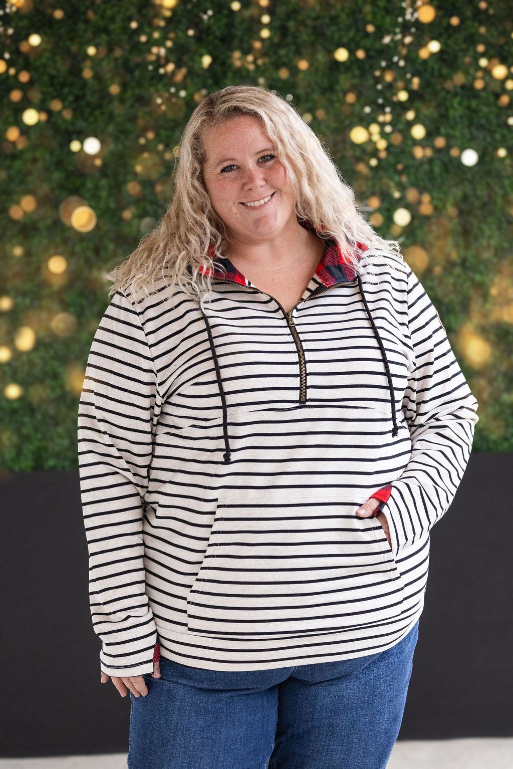 Michelle Mae HalfZip Hoodie - Oatmeal Stripes and Buffalo Plaid