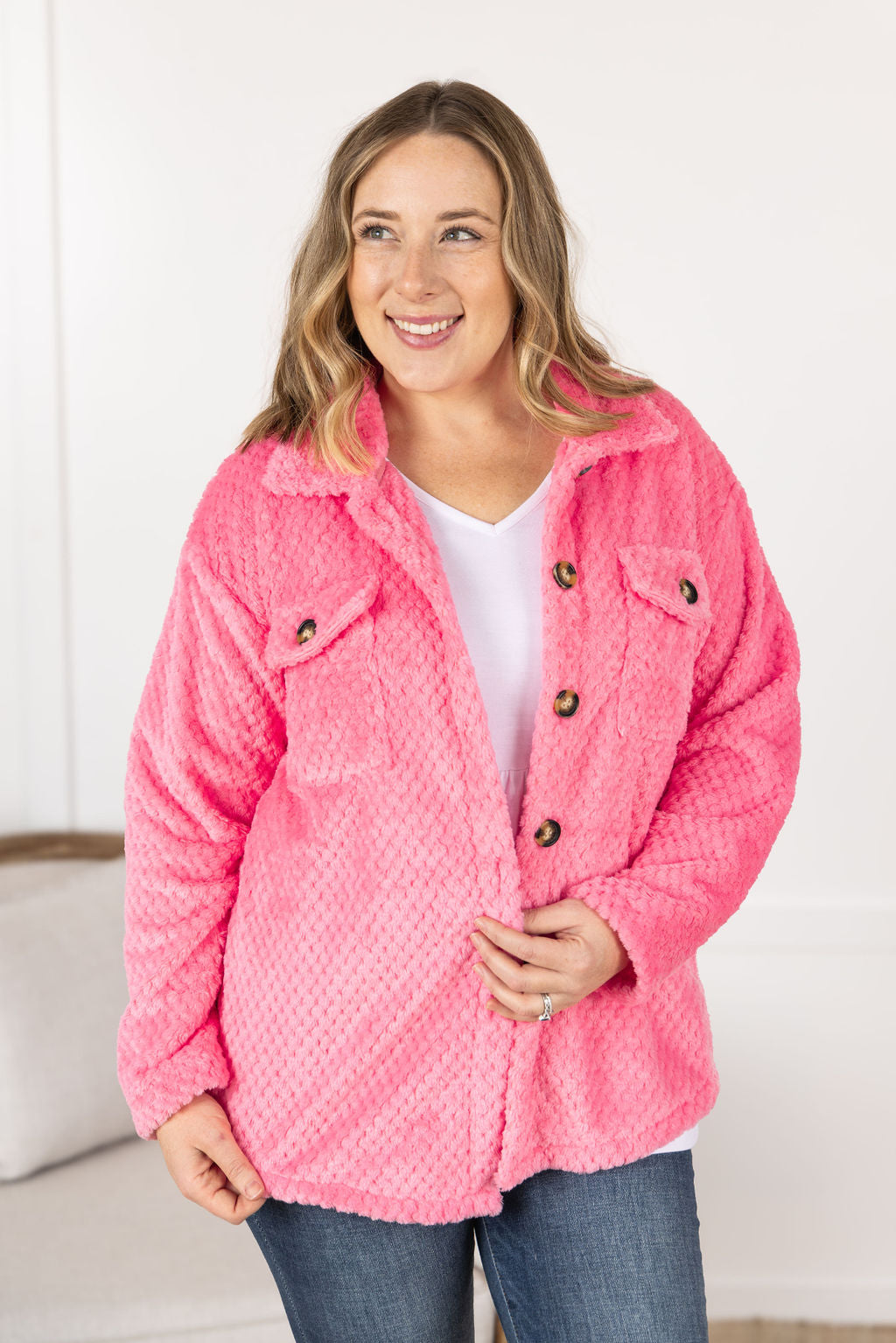 Michelle Mae Fleece Shacket - Pink