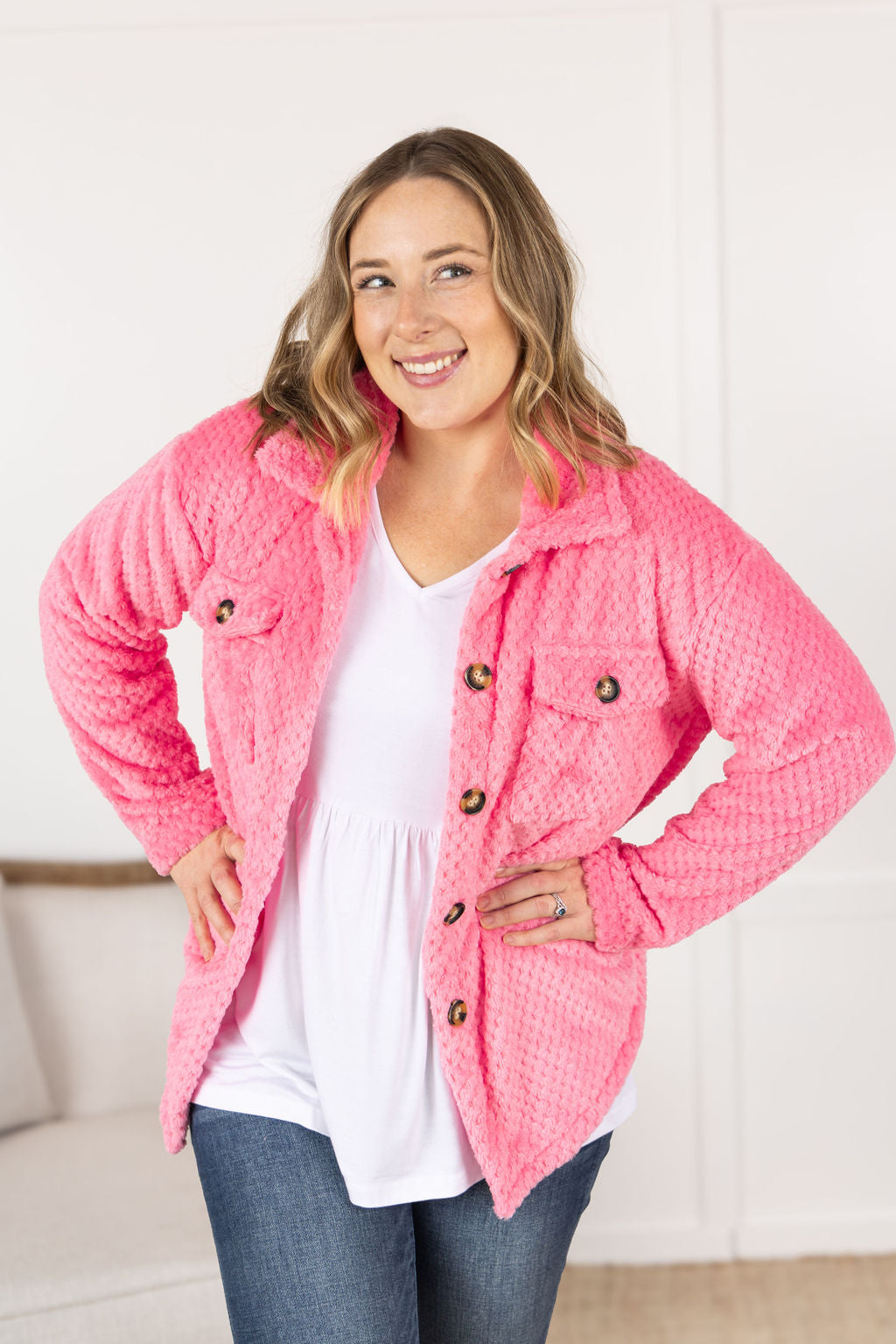 Michelle Mae Fleece Shacket - Pink