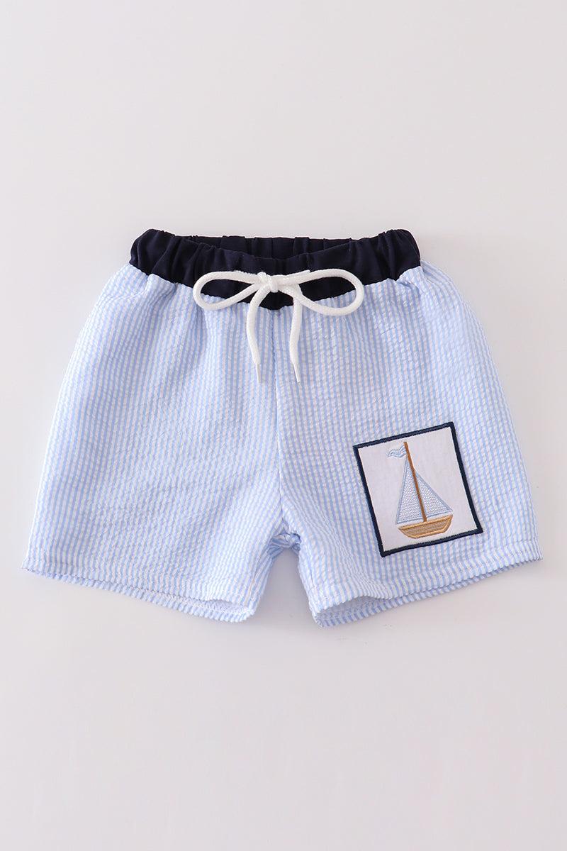 Blue seersucker sailboat embroidery boy swim trunks