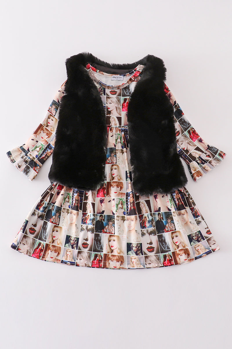 Abby & Evie Fur vest music fan print dress set