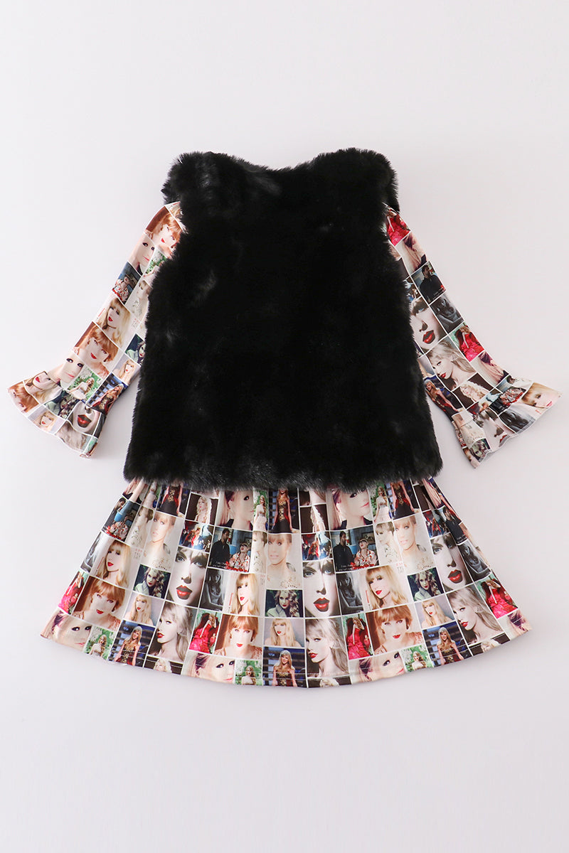 Abby & Evie Fur vest music fan print dress set