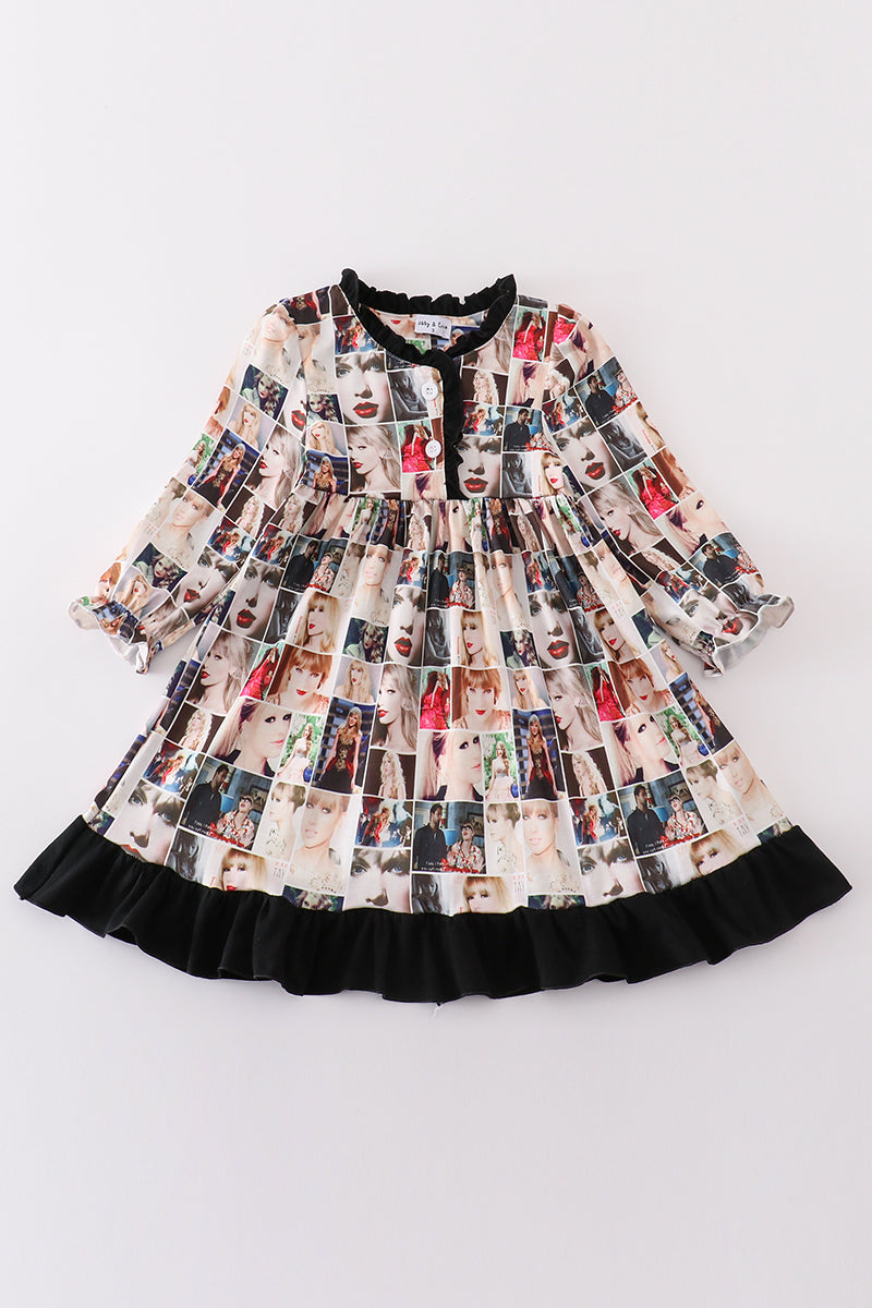 Abby & Evie Black music fan print girl gown