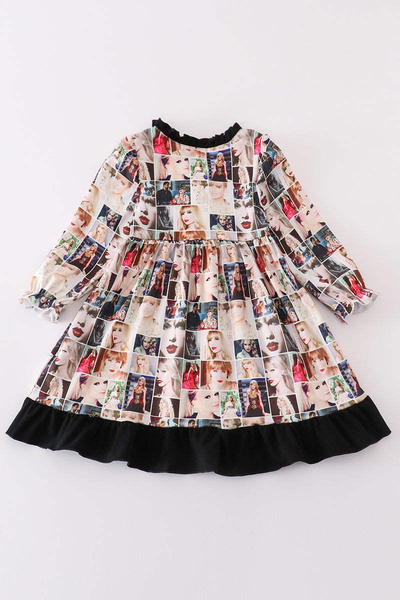 Abby & Evie Black music fan print girl gown