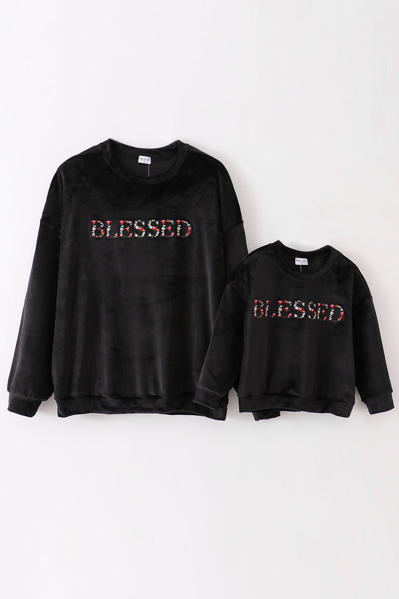 Abby & Evie Black velvet blessed embroidery mom&me sweatshirt