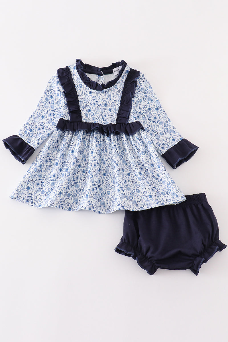 Abby & Evie Blue floral print baby girl set