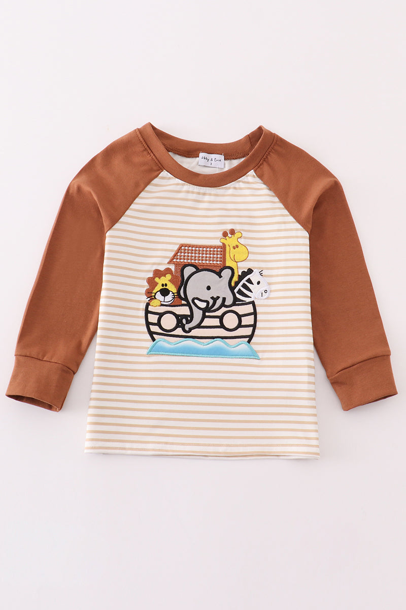 Abby & Evie Noah's ark embroidery stripe boy top