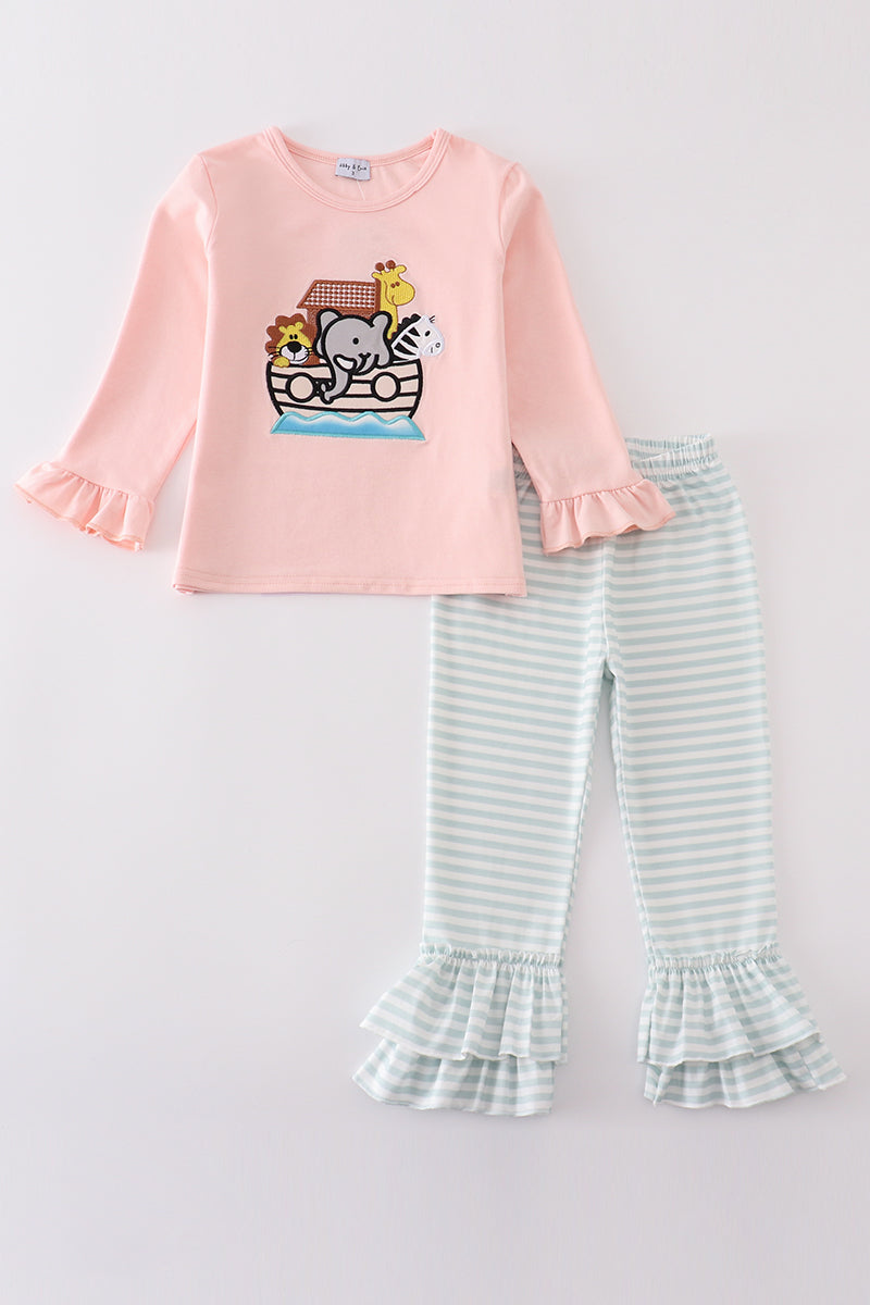 Abby & Evie Pink noah's ark embroidery stripe girl set