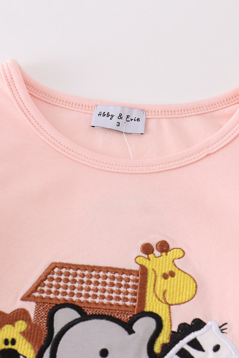 Abby & Evie Pink noah's ark embroidery stripe girl set