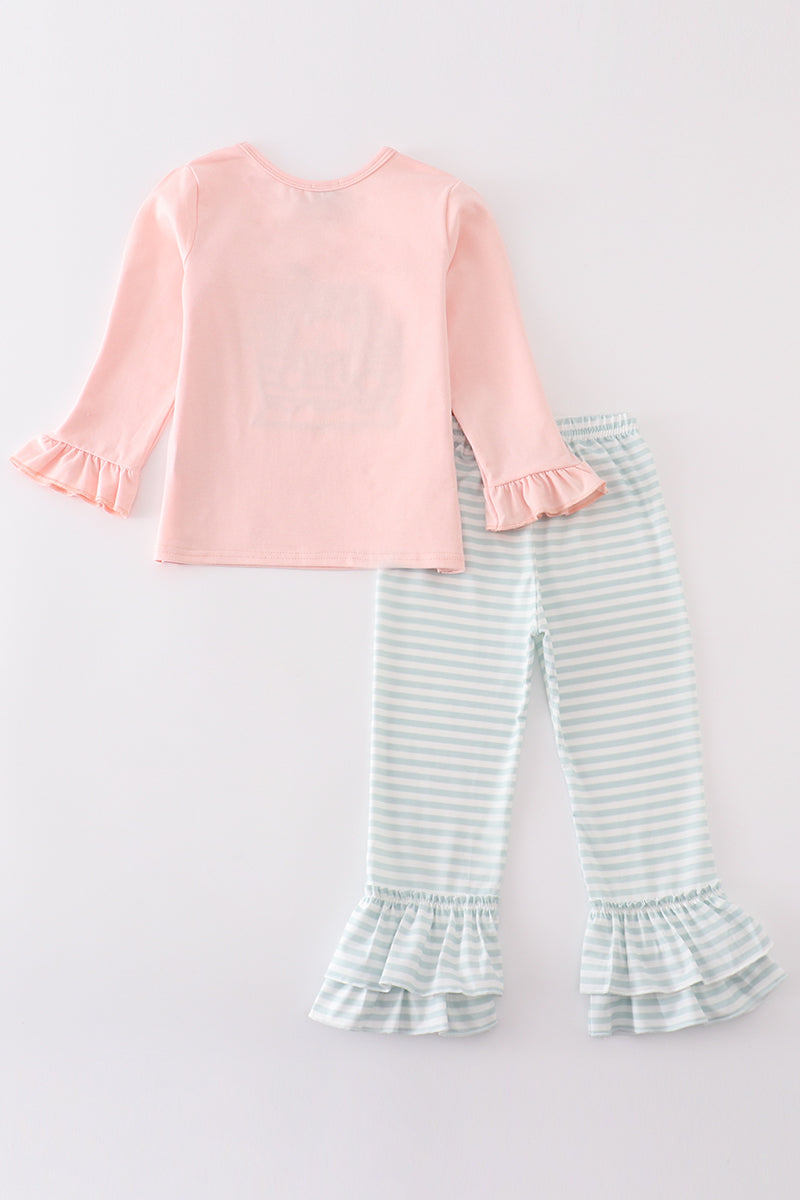 Abby & Evie Pink noah's ark embroidery stripe girl set