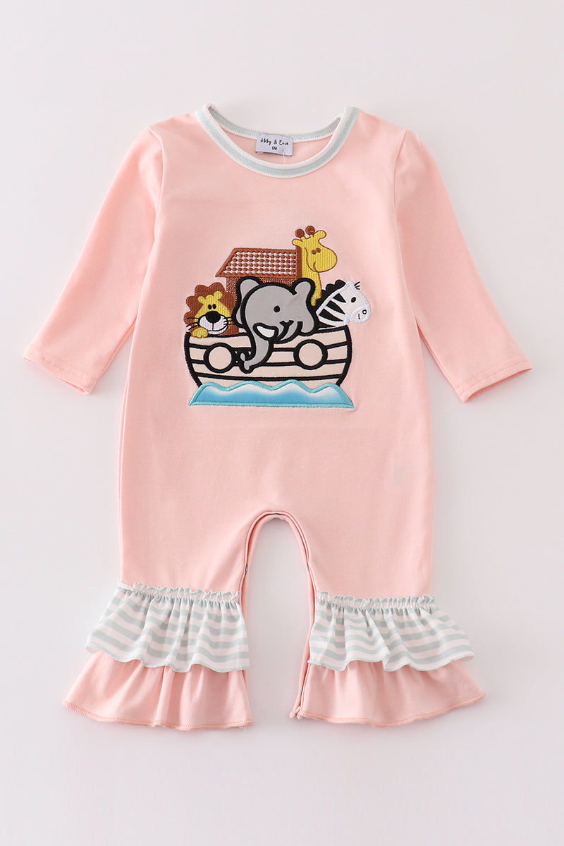 Abby & Evie Pink noah's ark embroidery stripe girl romper