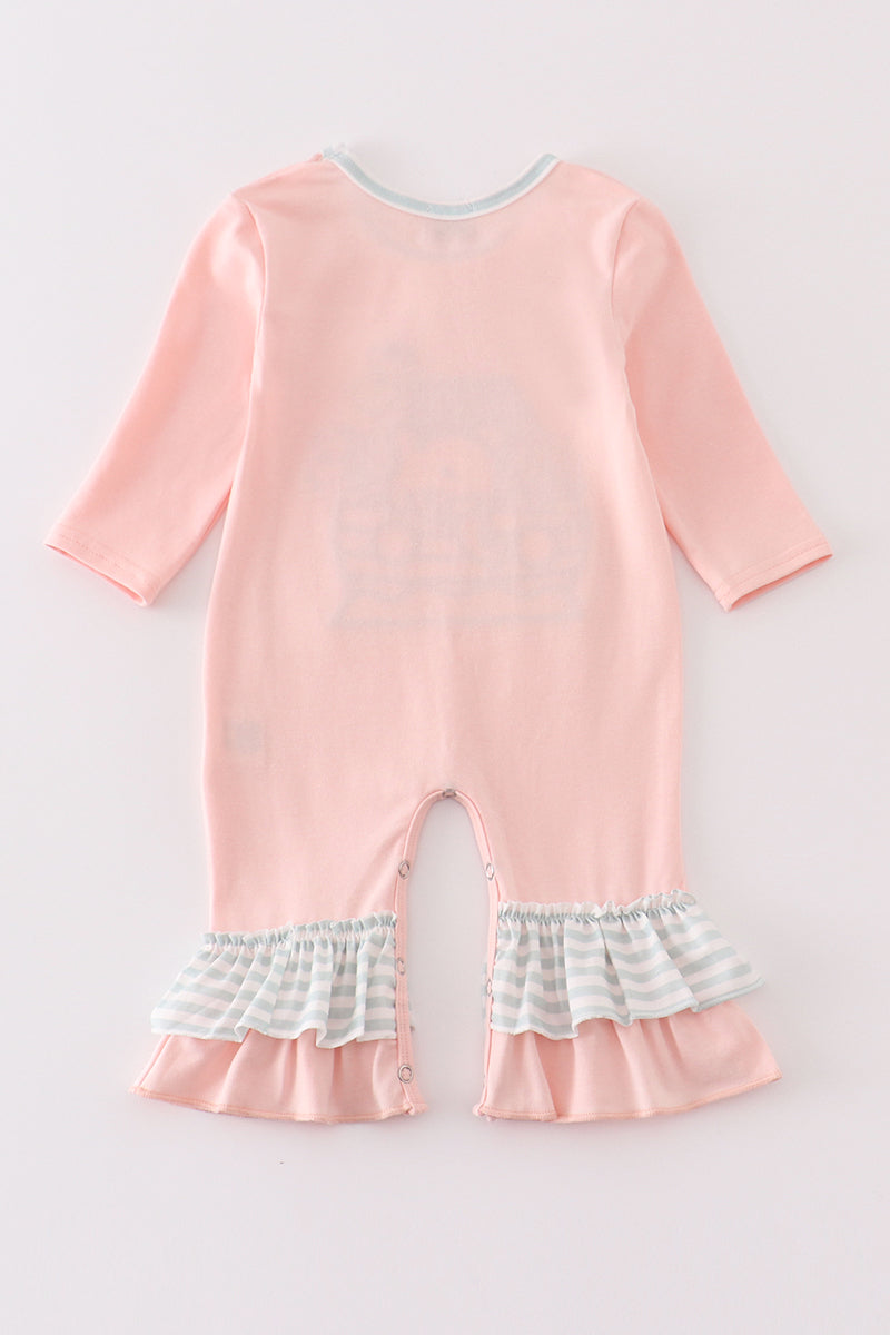 Abby & Evie Pink noah's ark embroidery stripe girl romper