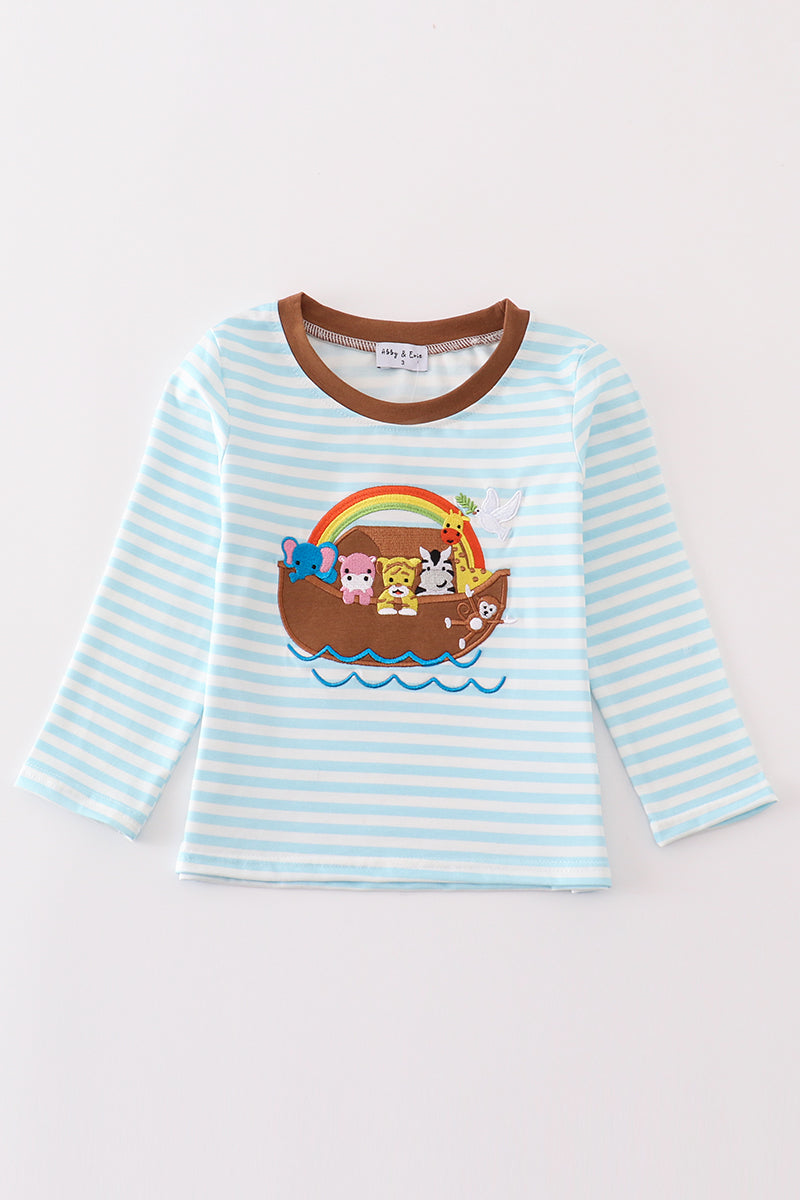 Abby & Evie Blue stripe noah's ark animal applique boy top