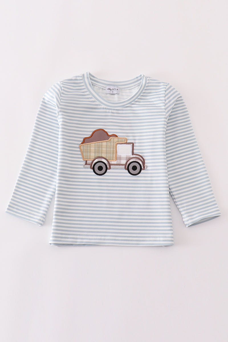 Abby & Evie Blue stripe muck car applique boy top