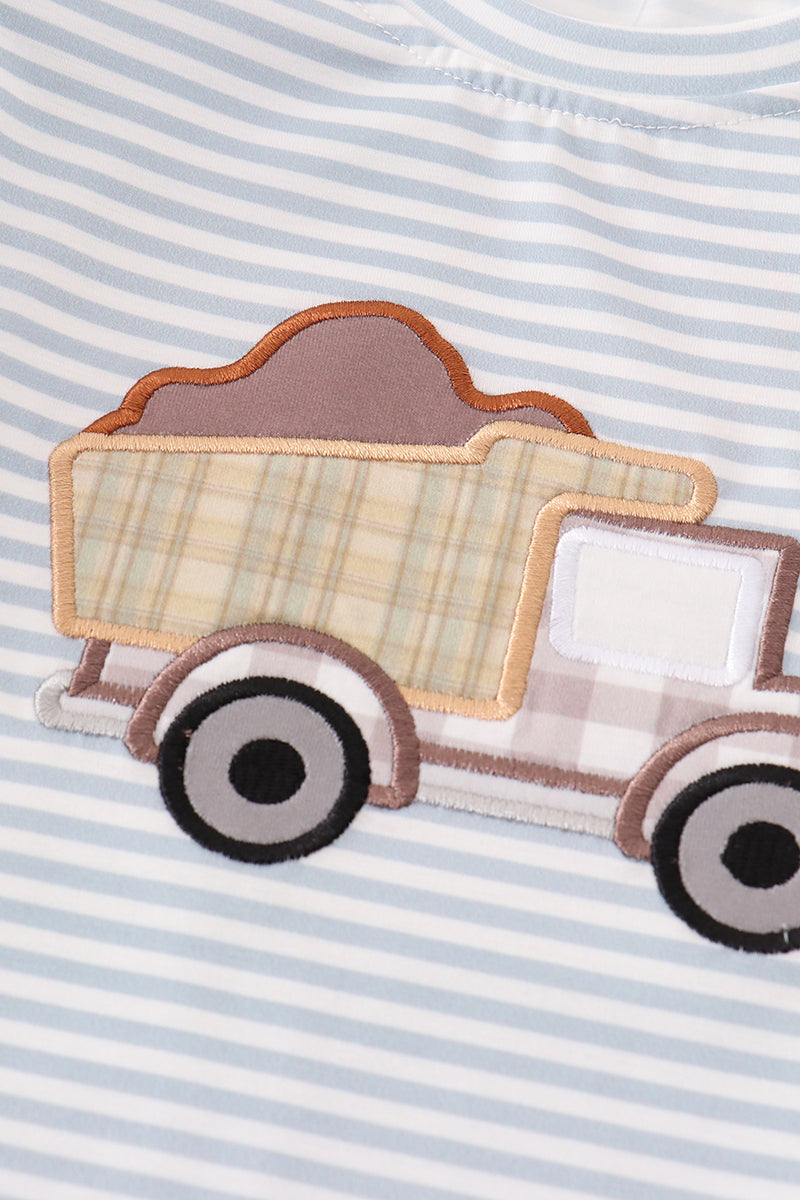 Abby & Evie Blue stripe muck car applique boy top