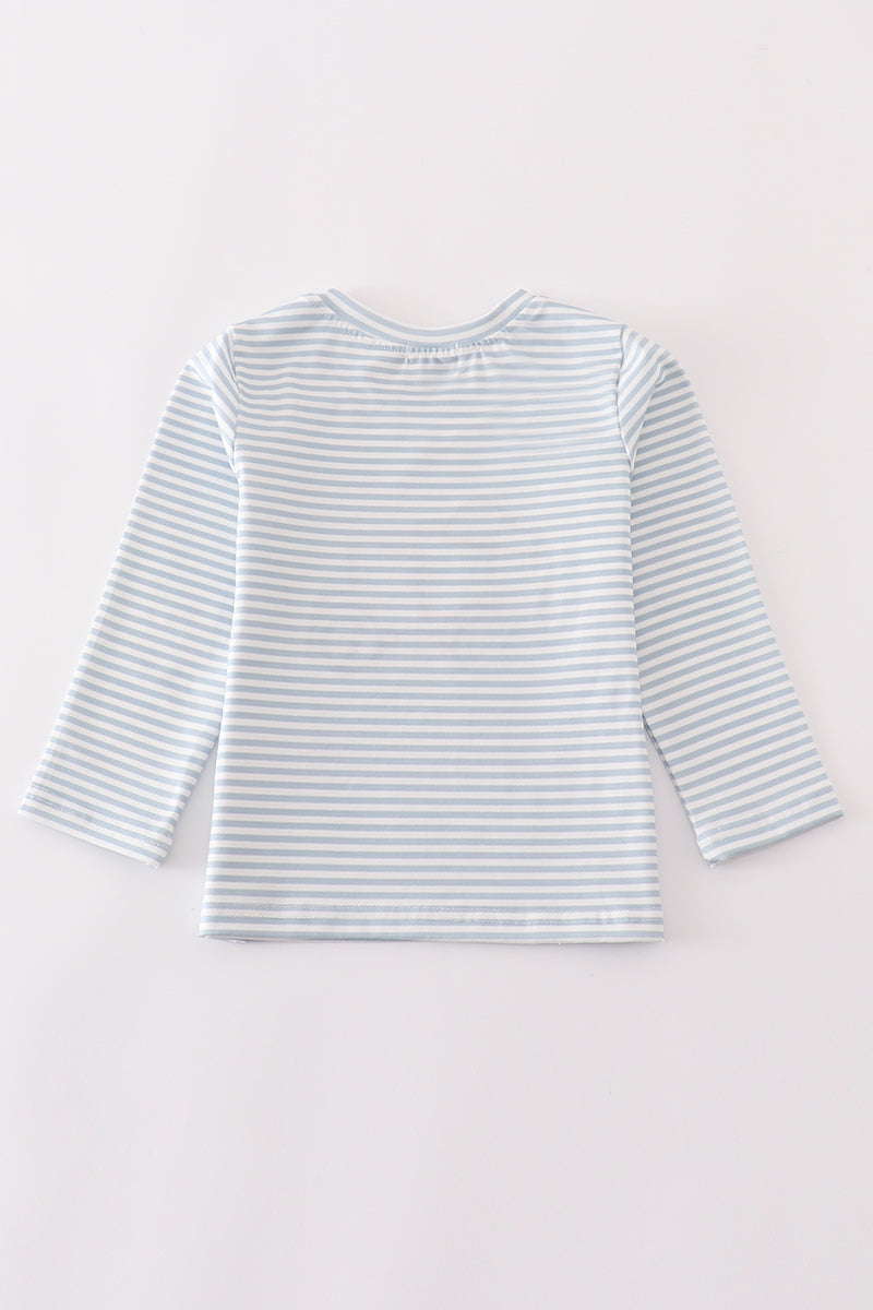 Abby & Evie Blue stripe muck car applique boy top