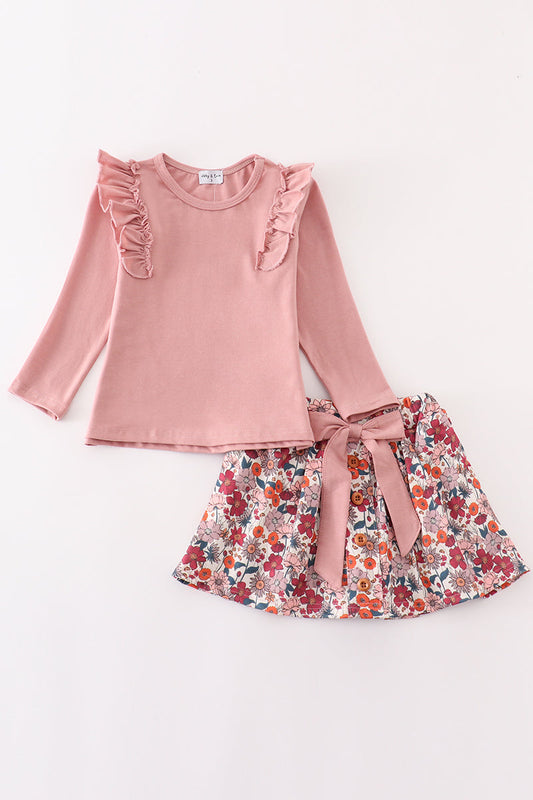 Abby & Evie Pink floral ruffle skirt set