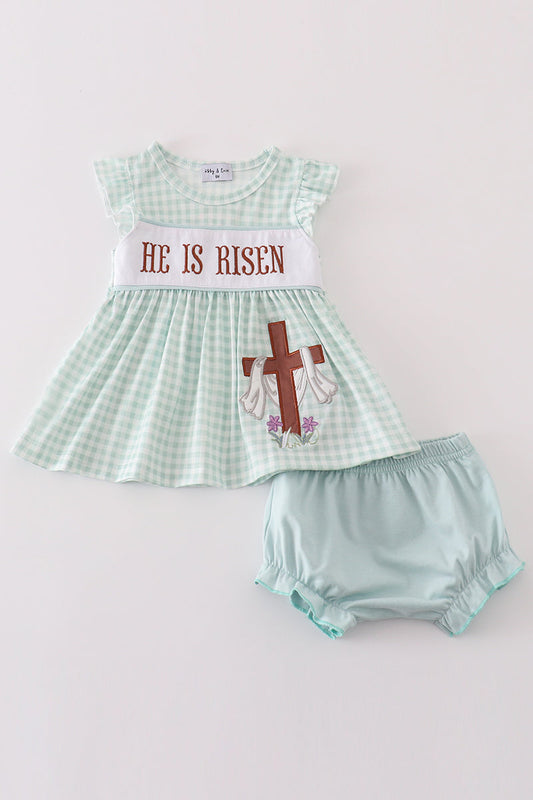 Abby & Evie Easter he is risen embroidery girl bloomer set