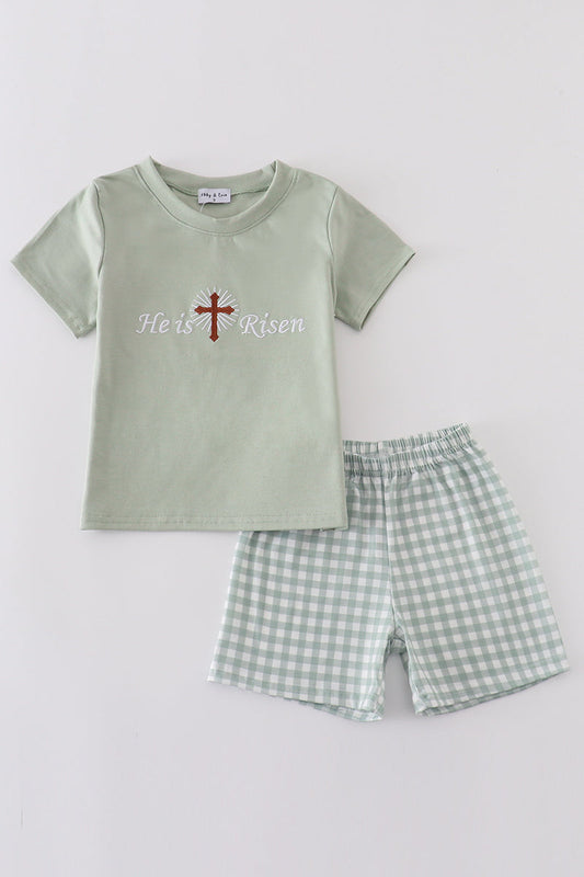 Abby & Evie Sage easter he is risen cross embroidery boy set