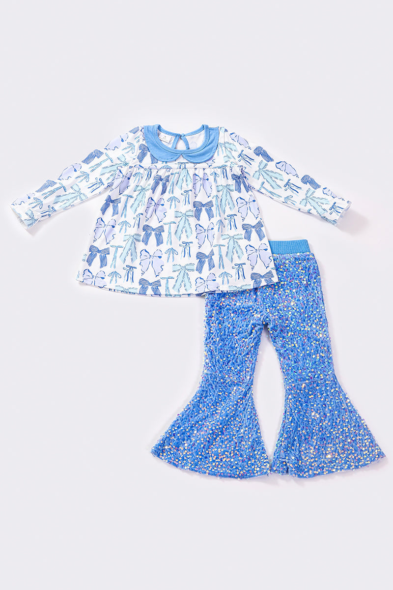 Sassy Soul Blue bow print sequin girl pants set