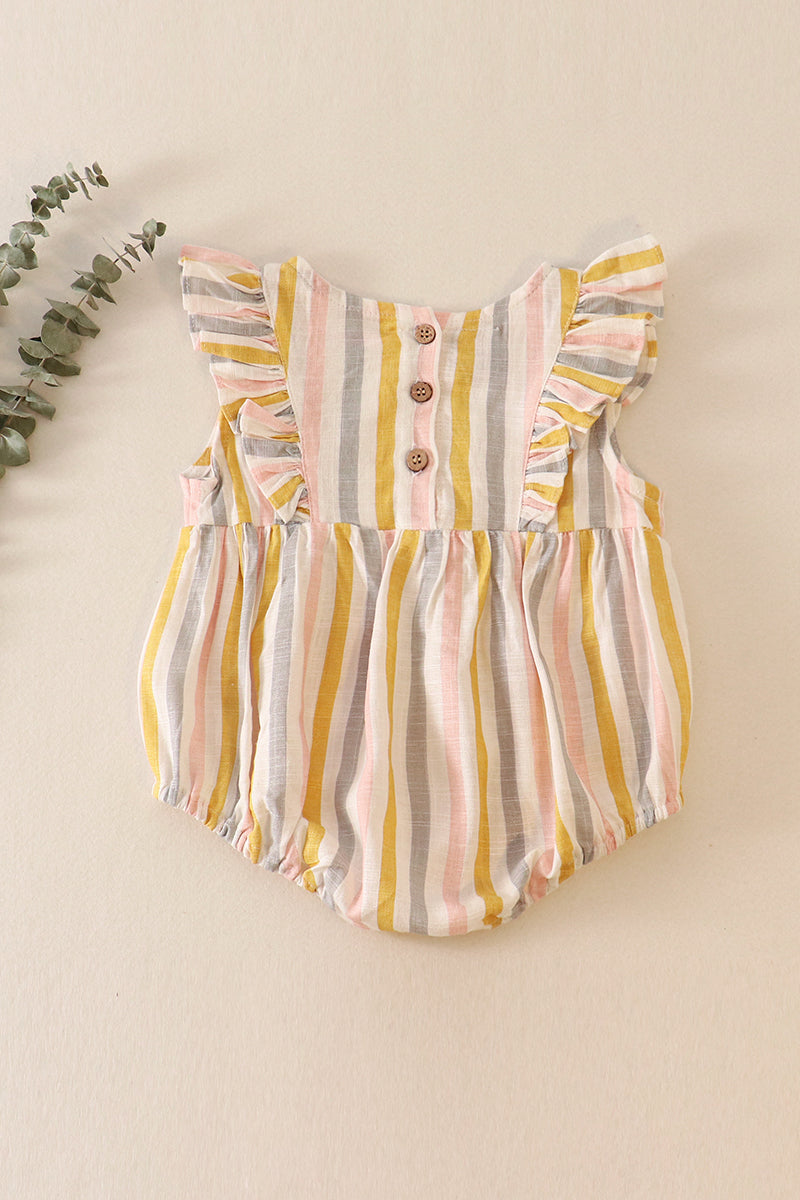 Multi stripe linen girl ruffle bubble