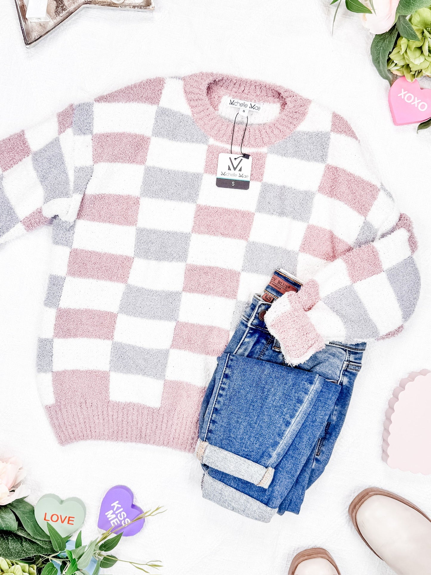 Michelle Mae Checkered Sweater - Grey and Pink