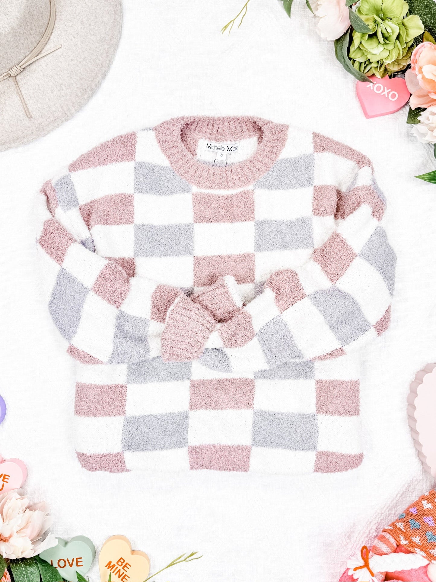 Michelle Mae Checkered Sweater - Grey and Pink