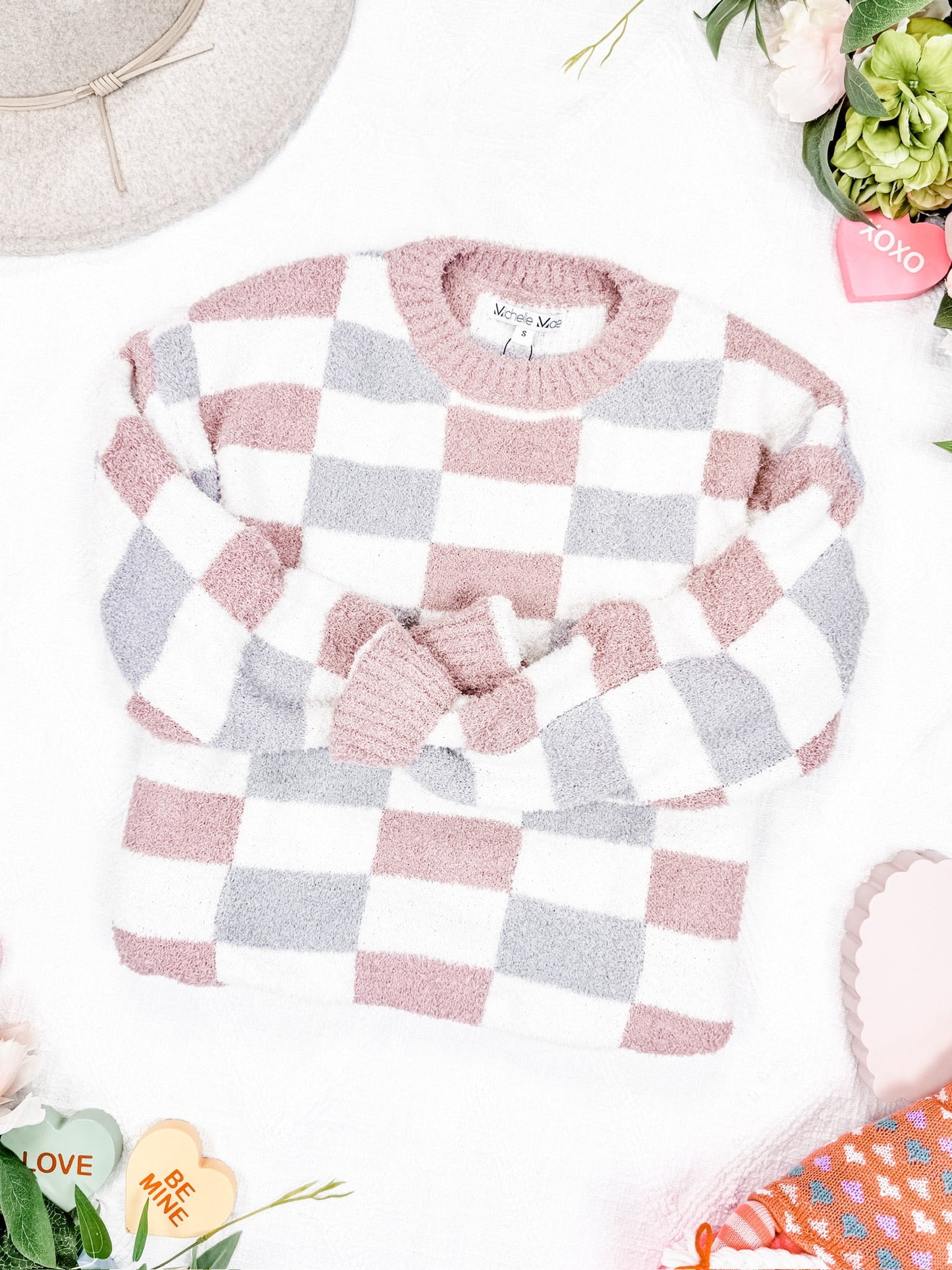 Michelle Mae Checkered Sweater - Grey and Pink