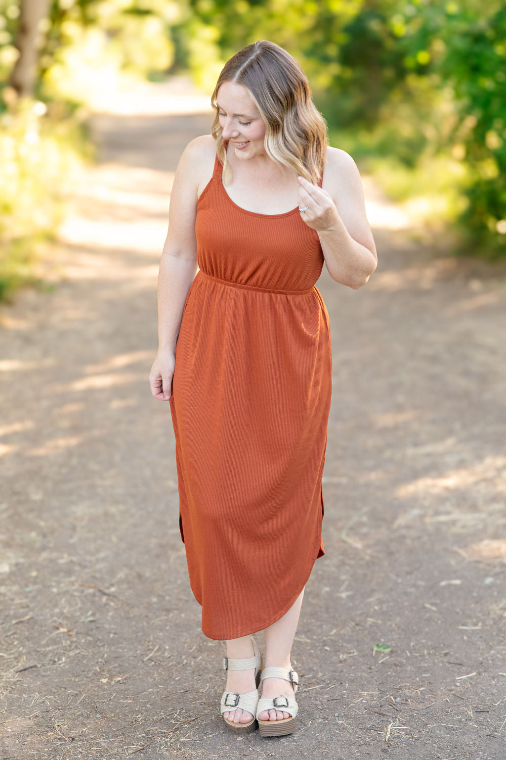 Michelle Mae Reagan Ribbed Midi Dress - Rust