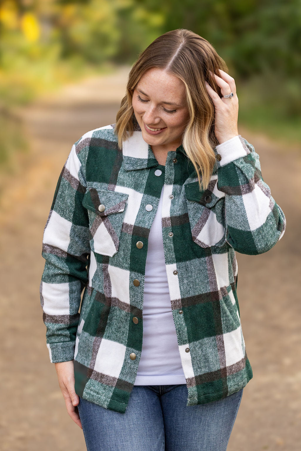 Michelle Mae Norah Plaid Shacket - Evergreen and White