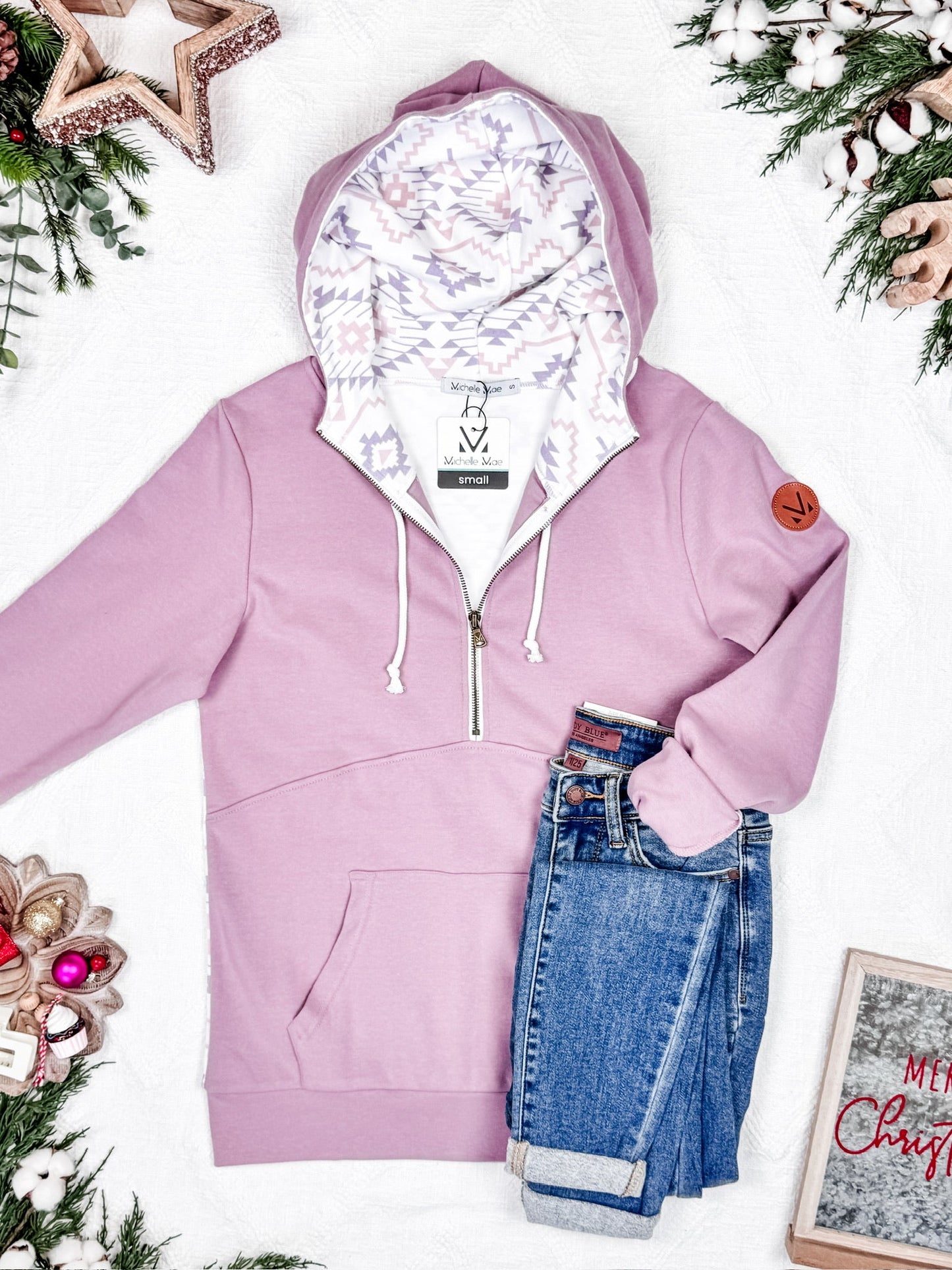 Michelle Mae HalfZip Hoodie - Mauve and White Geometric