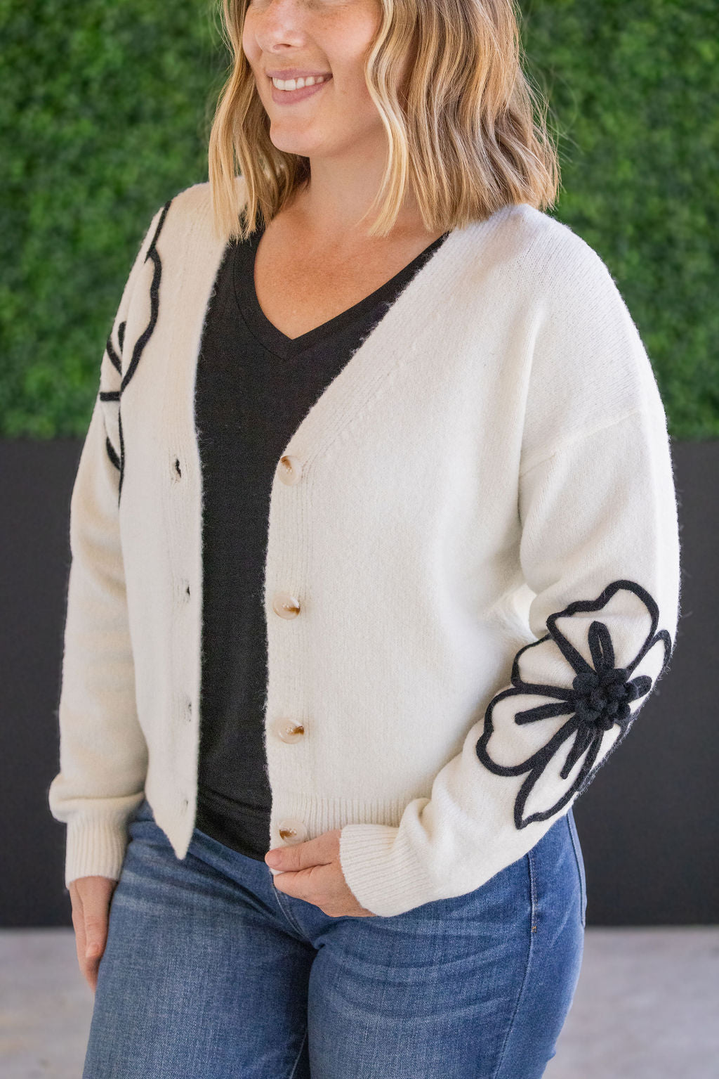 Michelle Mae Black Floral Sweater Cardigan