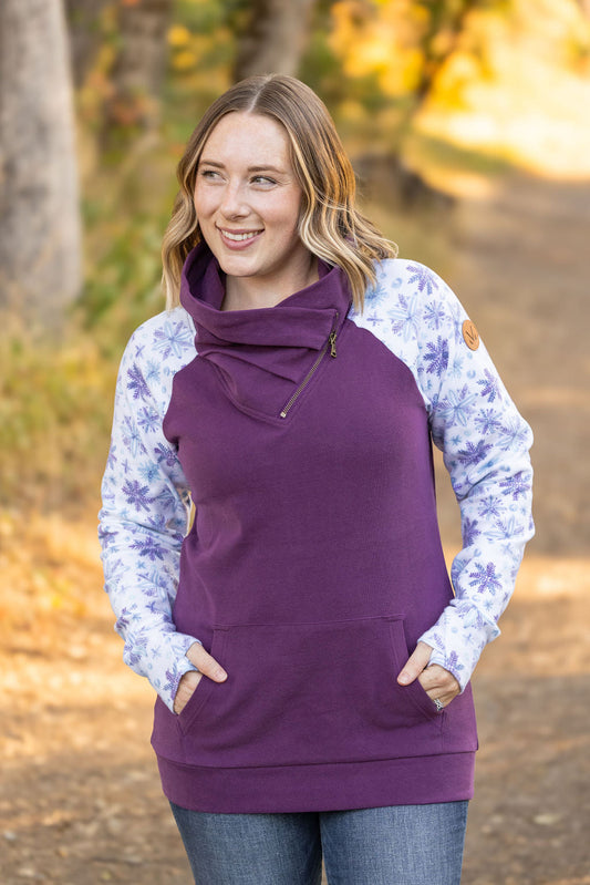 Michelle Mae Classic Zoey ZipCowl Sweatshirt - Plum and Snowflakes