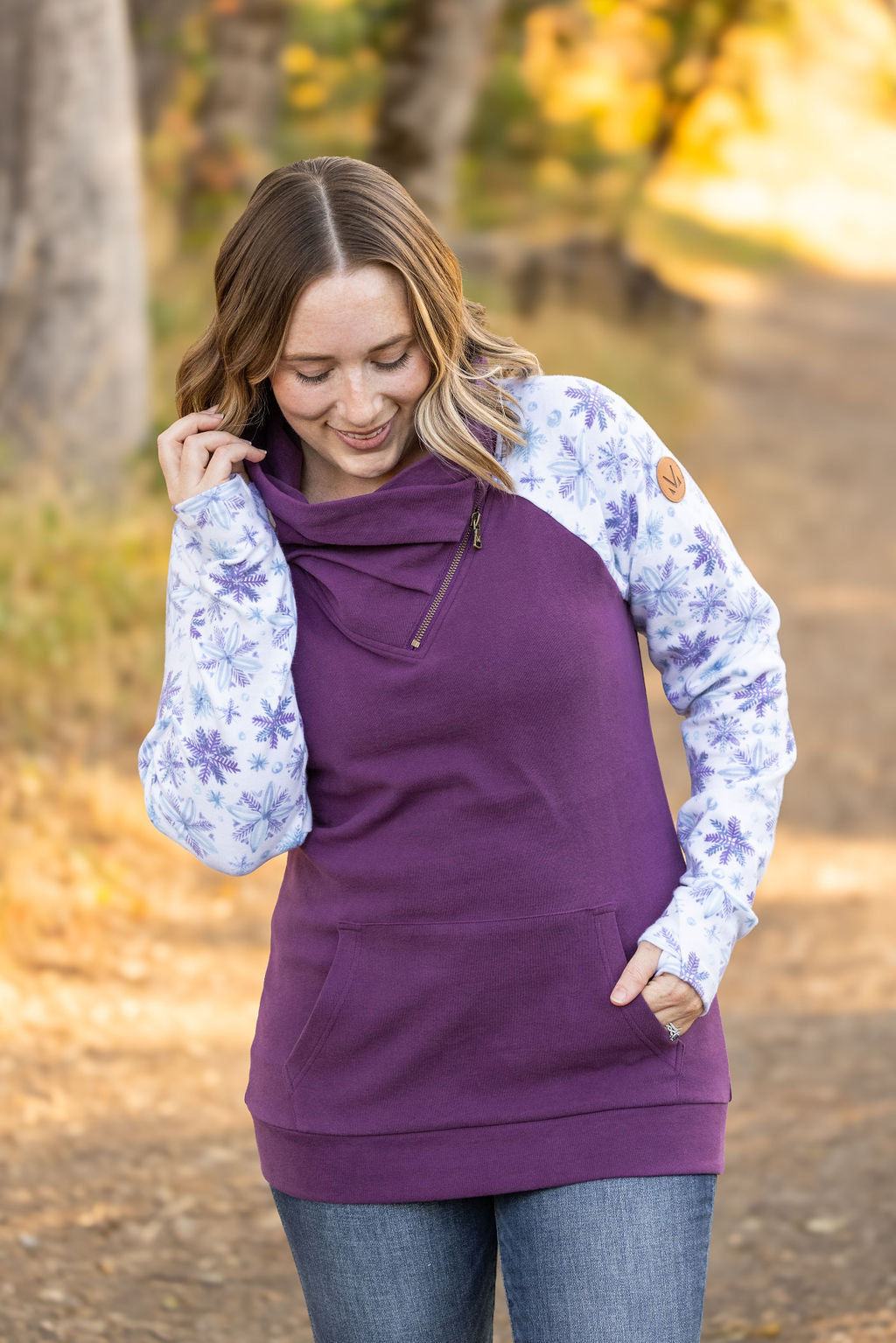 Michelle Mae Classic Zoey ZipCowl Sweatshirt - Plum and Snowflakes