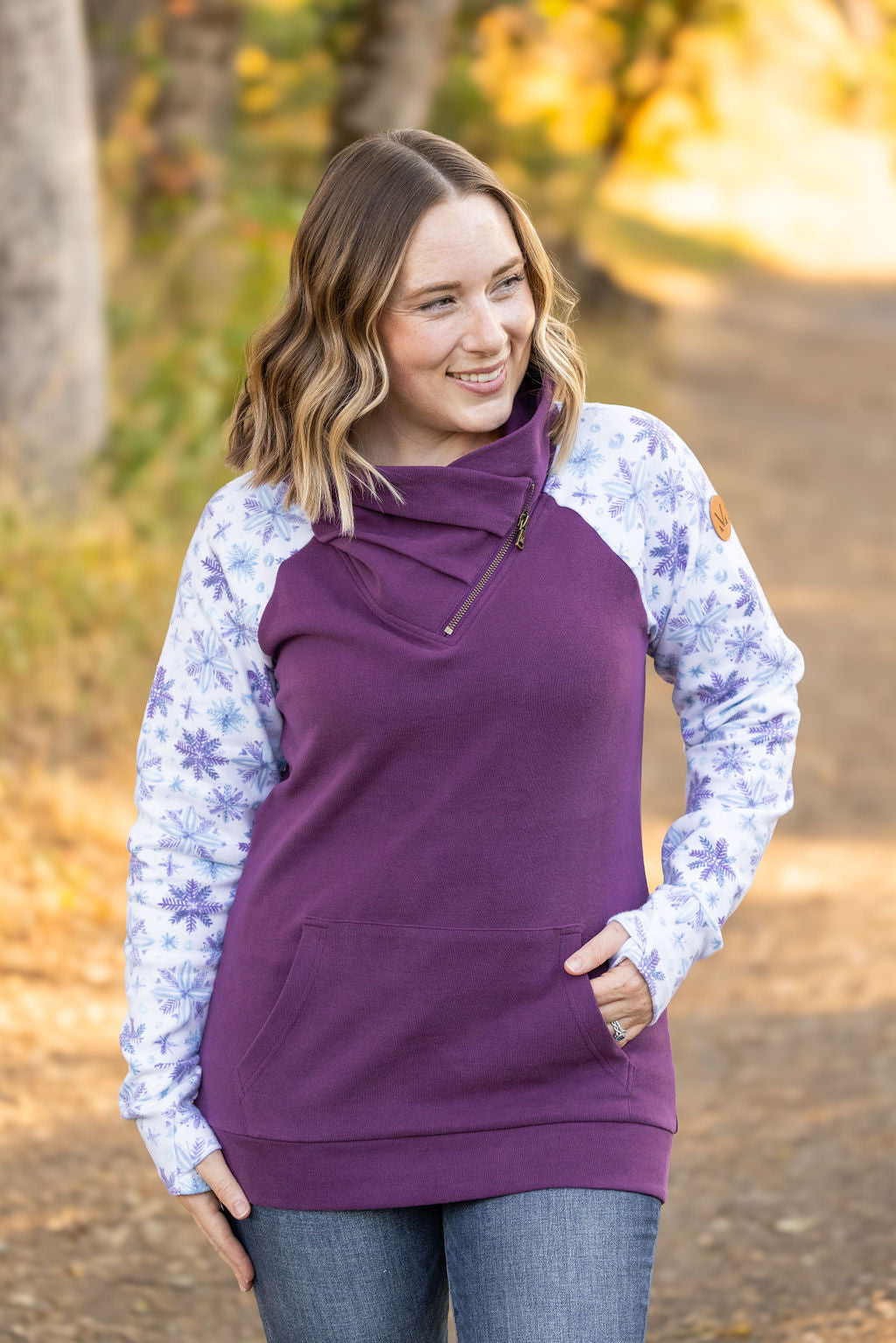 Michelle Mae Classic Zoey ZipCowl Sweatshirt - Plum and Snowflakes