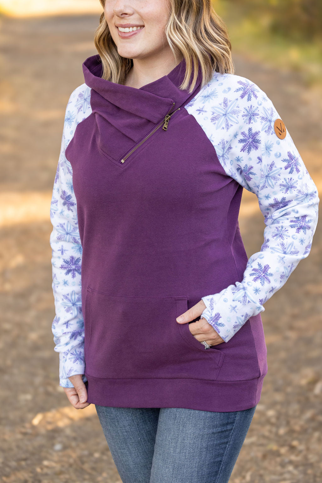 Michelle Mae Classic Zoey ZipCowl Sweatshirt - Plum and Snowflakes