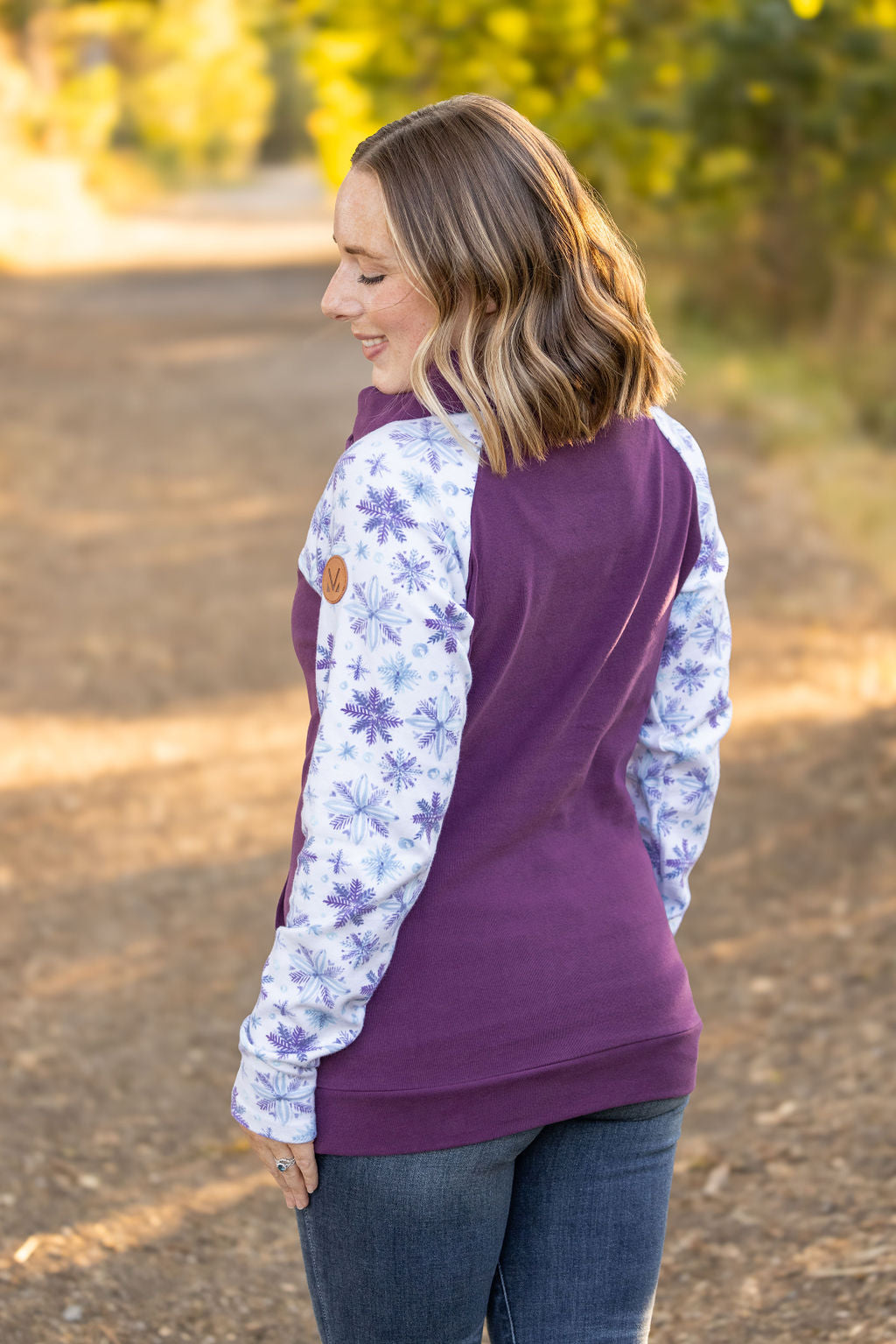 Michelle Mae Classic Zoey ZipCowl Sweatshirt - Plum and Snowflakes