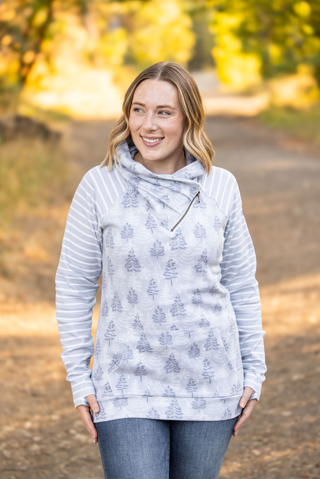 Michelle Mae Classic Zoey ZipCowl Sweatshirt - Grey Trees and Stripes