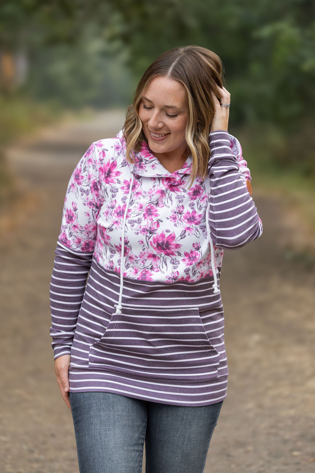 Michelle Mae Hailey Pullover Hoodie - Pink Floral and Stripes