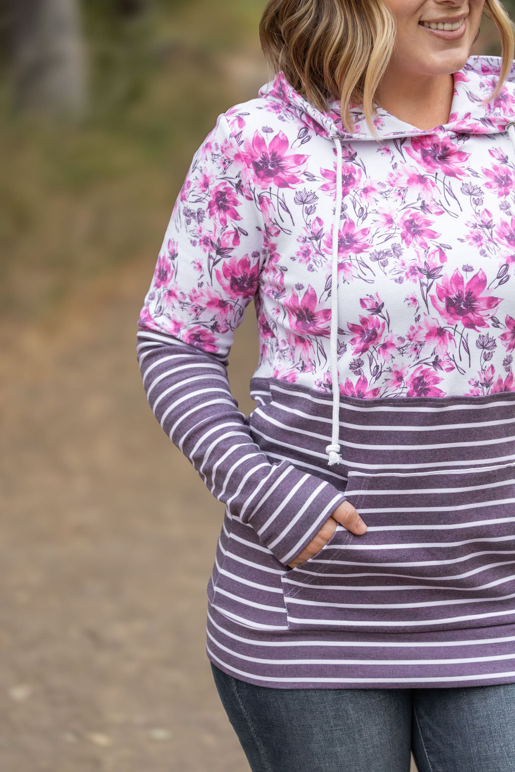 Michelle Mae Hailey Pullover Hoodie - Pink Floral and Stripes