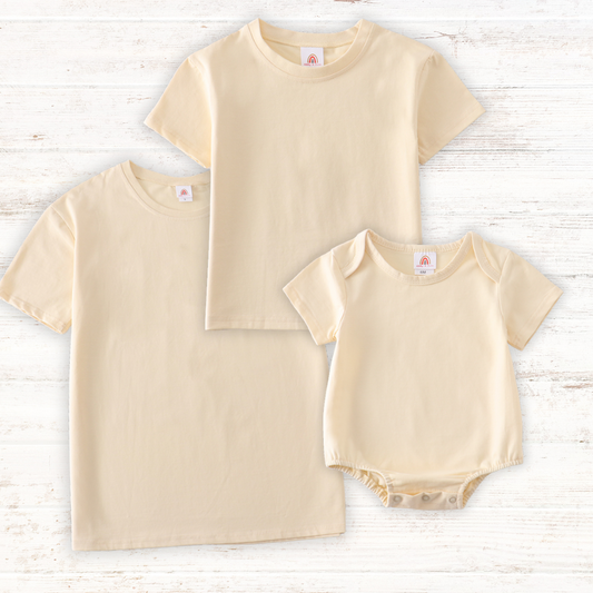 Abby & Evie Beige blank basic Adult Kids t-shirt and baby bubble