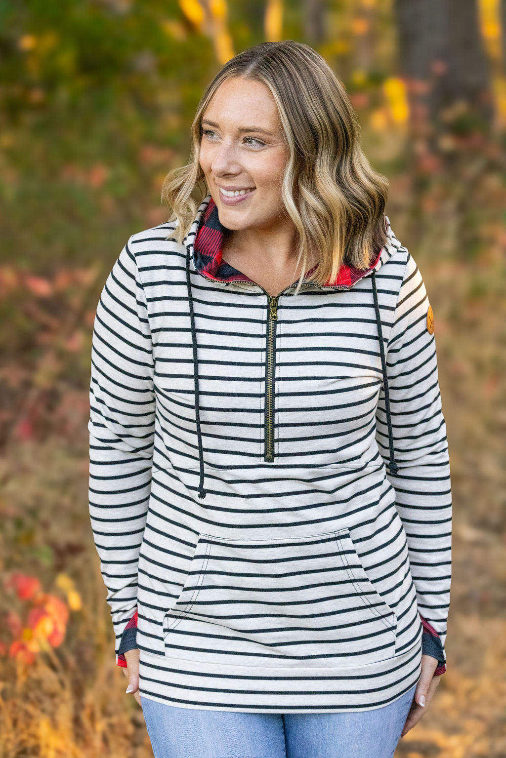 Michelle Mae HalfZip Hoodie - Oatmeal Stripes and Buffalo Plaid