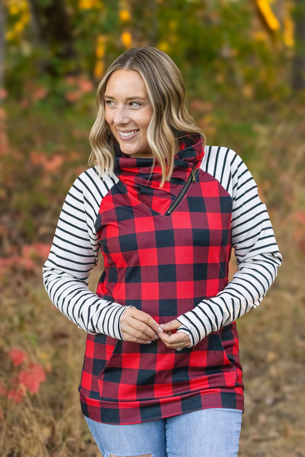 Michelle Mae Zoey ZipCowl - Buffalo Plaid and Oatmeal Stripes