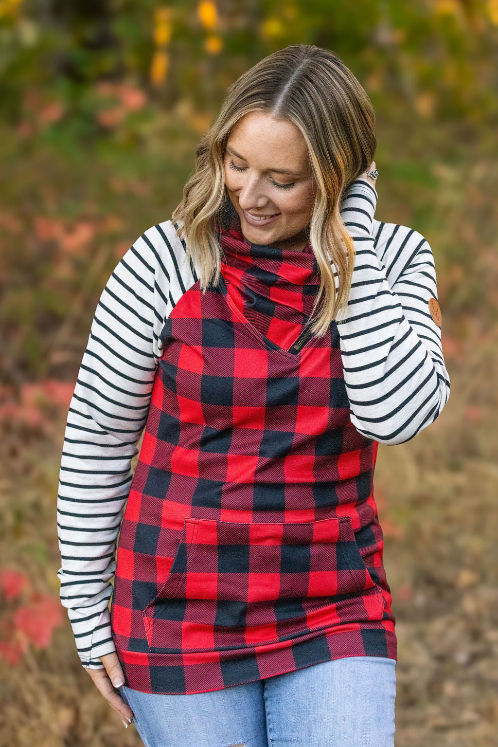 Michelle Mae Zoey ZipCowl - Buffalo Plaid and Oatmeal Stripes