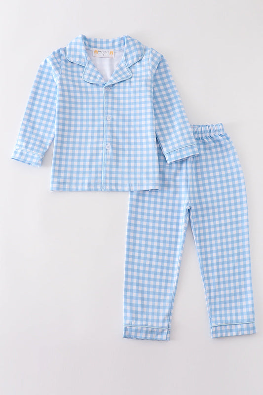 Abby & Evie Blue plaid boy button down pajamas set